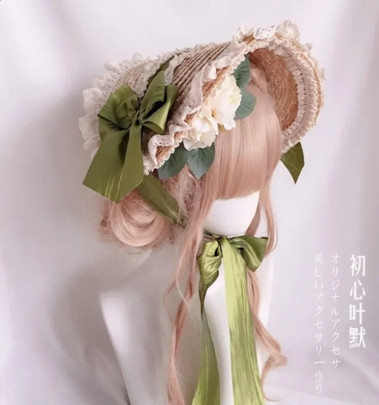 Lolita Girls Elegant Lace Flowers Straw Hat Multi Colored Bonnet Flat Hat 250420