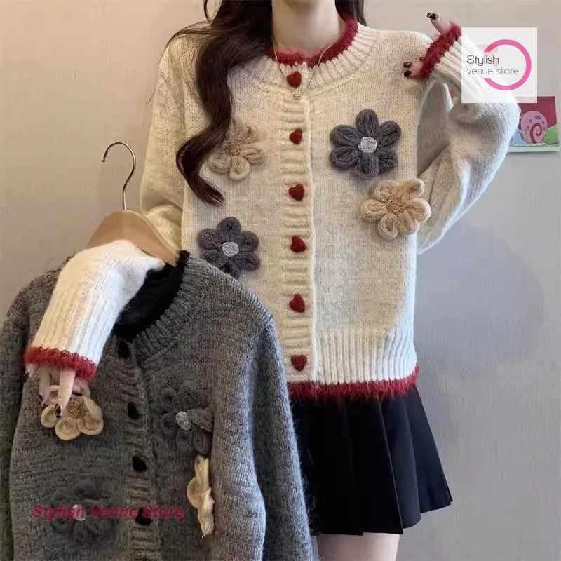 French style three-dimensional flower love button knitted cardigan womens autumn and winter new single-breasted sweater coatT251125