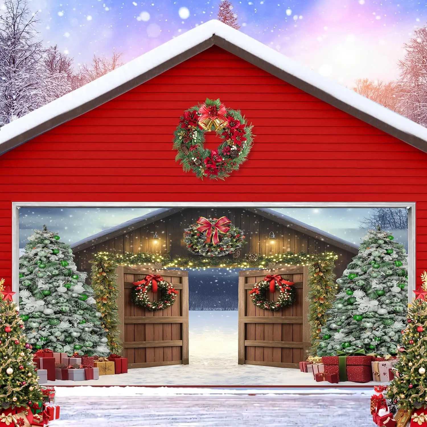 Christmas Garage Door Banner Large Merry Christmas Garage Door Decoration Winter Barn Backdrop for Room Window Outdoor IndoorM251125