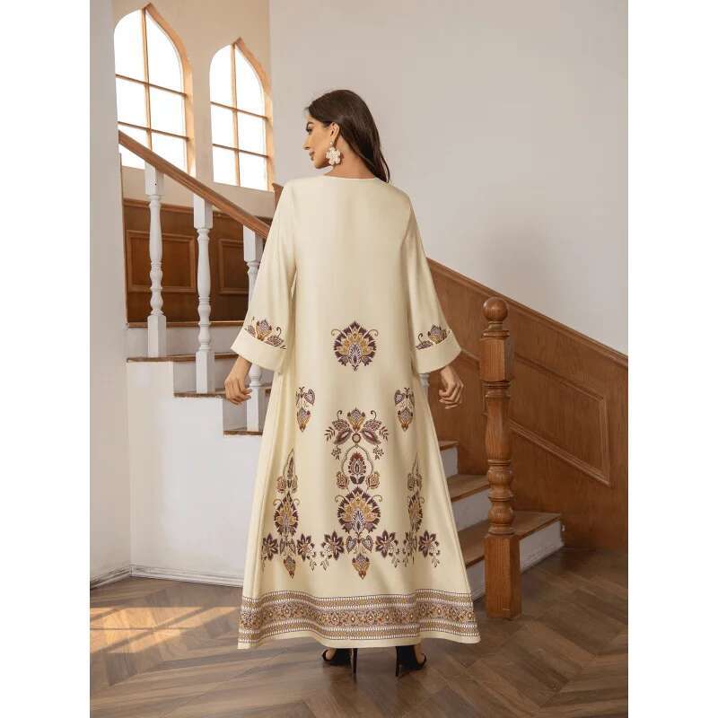 Dongdumaoyi Middle East Muslim Round Neck Printed Rhinestones Beaded Loose A Line Long Robe Dress W