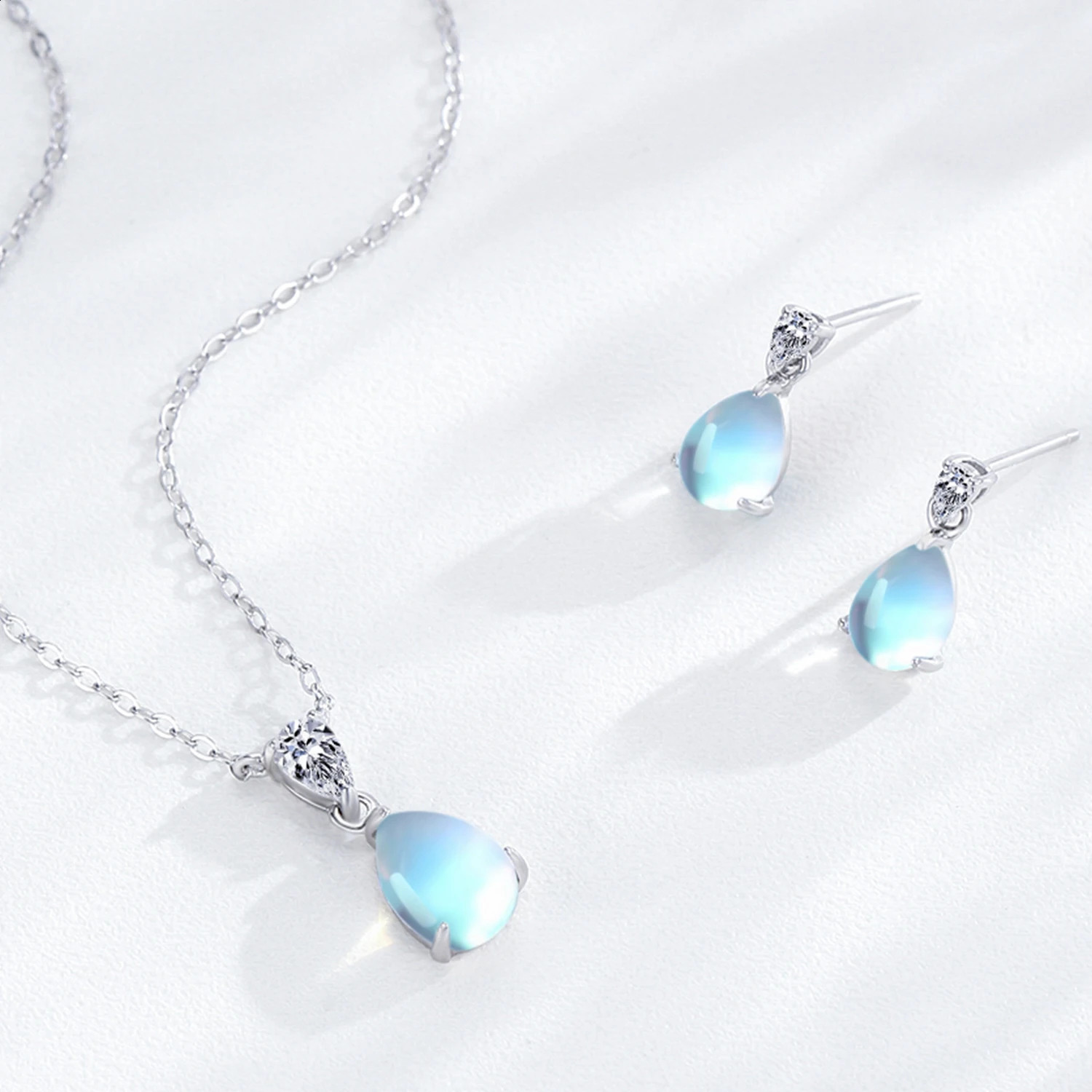 Ailmay 925 Sterling Silver Fashion Water Droplet Moonstone Pendant Necklace Earrings For Women Wedding Engagement Jewelry Set 250417