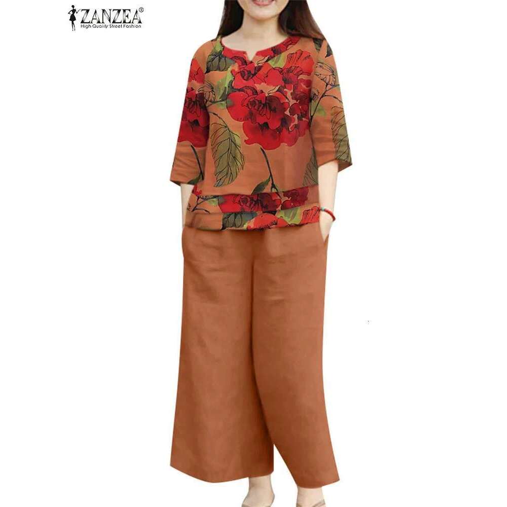 2024 ZANZEA Women Top 2Pcs Outifits Casual Holiday Solid Wide Leg Trouser Suits 2 Piece Set Floral Print Blouses Pant Sets