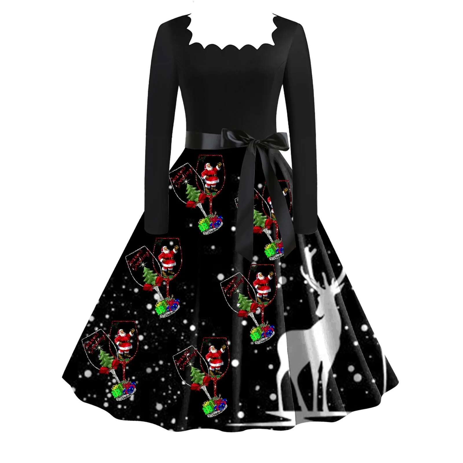 Dongdumaoyi Christmas Dress Women Vintage Long Sleeve V Neck Floral Print Elegant Xmas Party Prom Sundress Winter Clothes Rockabilly