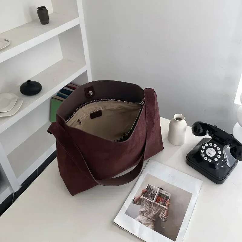 Designer Bag Simple Reddish Brown Large Capacity Bucket Tote Genuine Suede Cow Leather Women Shoulder Bag Matte Coffee Winter Trend Handbag