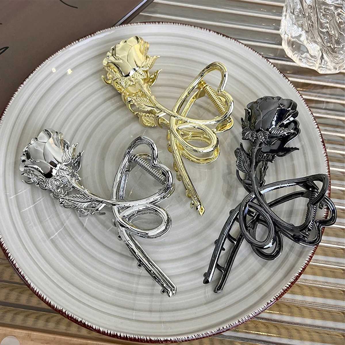 Retro style love rose big metal flat braid hair grab clip female head back shark clip headband accessoryT250425