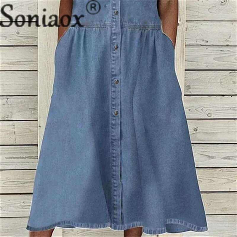 Designer Clothes Elegant Solid Color Short Sleeve Denim Dress Summer Lapel Single-Breasted Splice Dressy Female Comfortable Commuter Casual Gown