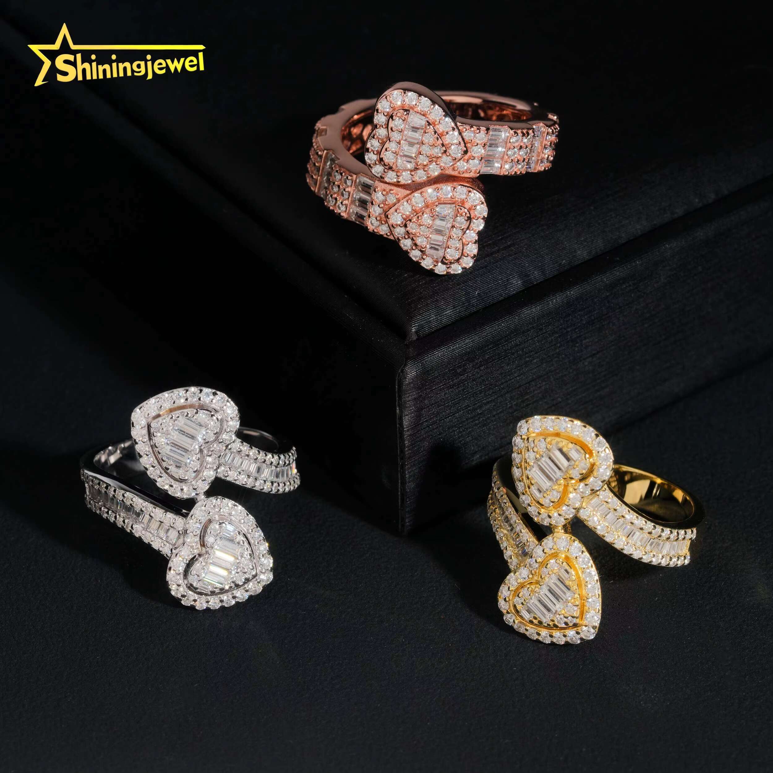 Hip Hop Baguette Moissanite Heart Ring Pass Diamond Tester GRA Moissanite Iced Out Men Rock 925 Silver Gold Moissanite Ring