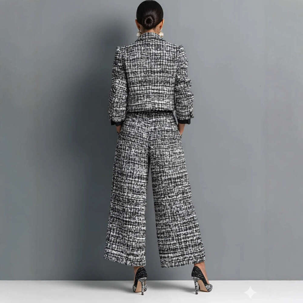 Cross Border New Turn Down Collar Slim Fit Women S Fashion European And American Style Long Sleeve Short Jacket With Wide Leg Pants Set Luxury Designe