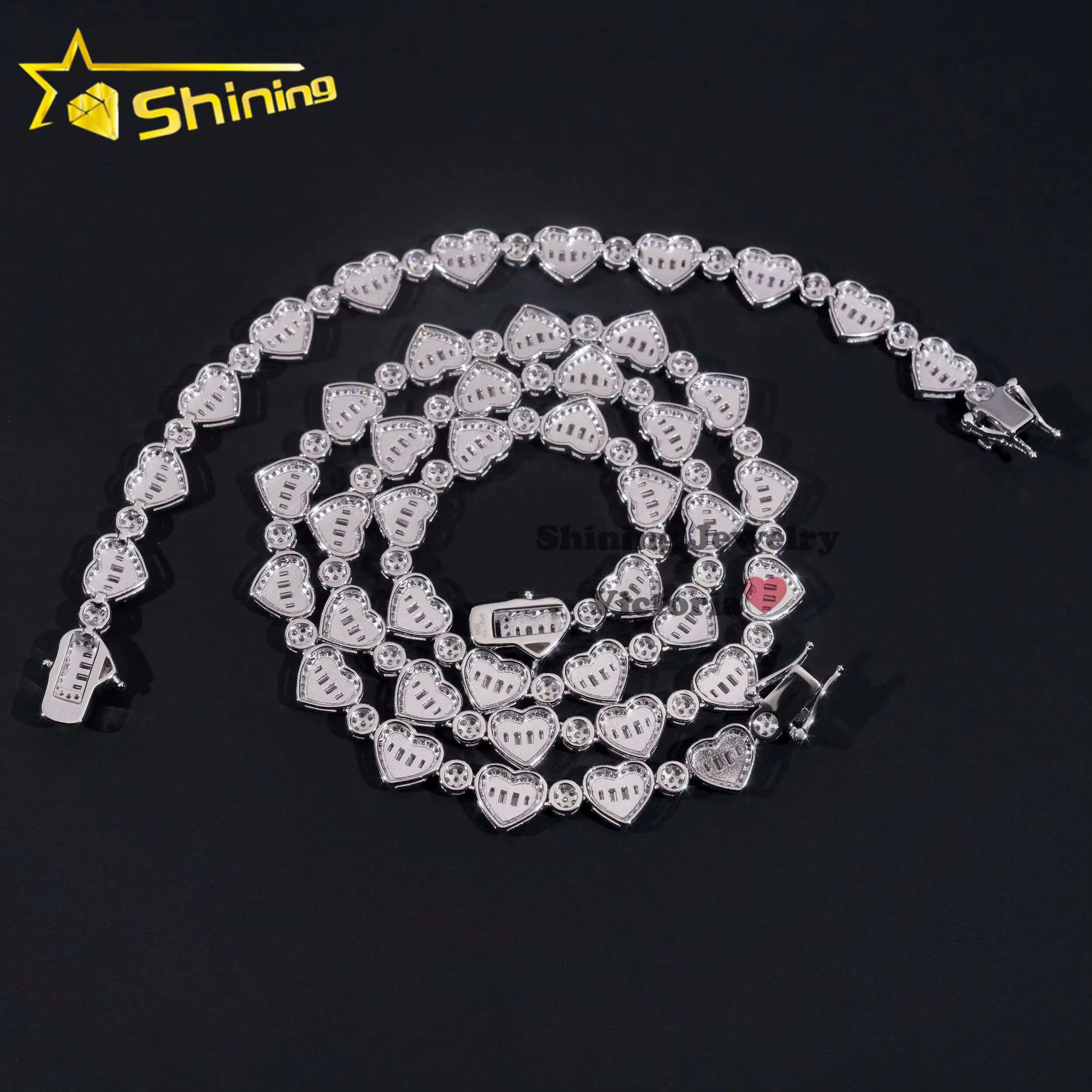 GRA Pass Diamond Tester S925 Moissanite Necklace Iced Out 8MM VVS Baguette Moissanite Diamond Heart Shaped Tennis Chain Bracelet
