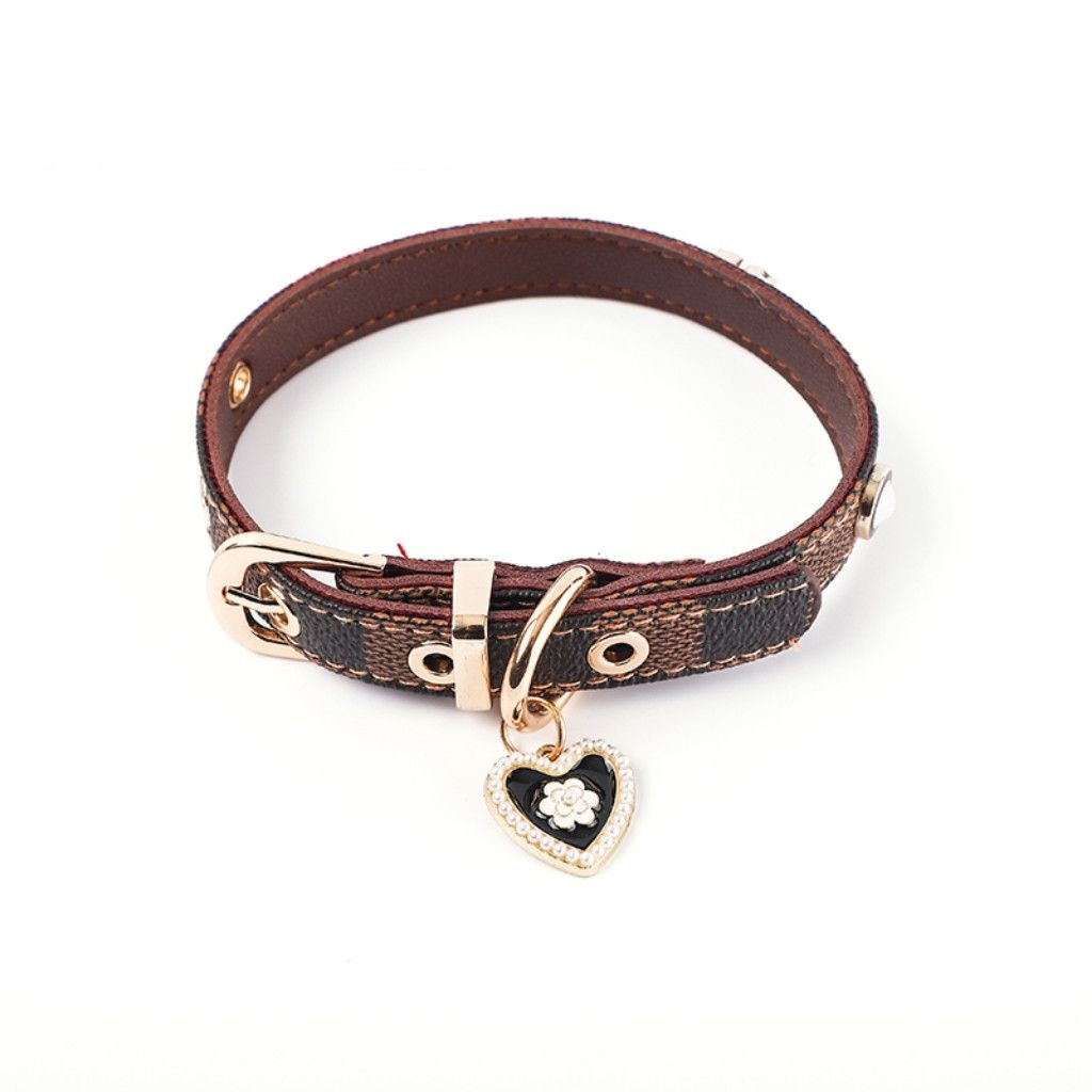 Plaid Pet Collar with Pearl-Flower Heart Tag, Adjustable Dog/Cat Collar, Luxury Gold Hardware & Decorative Accents, 2 Sizes (S/M) for Small-Medium Pet