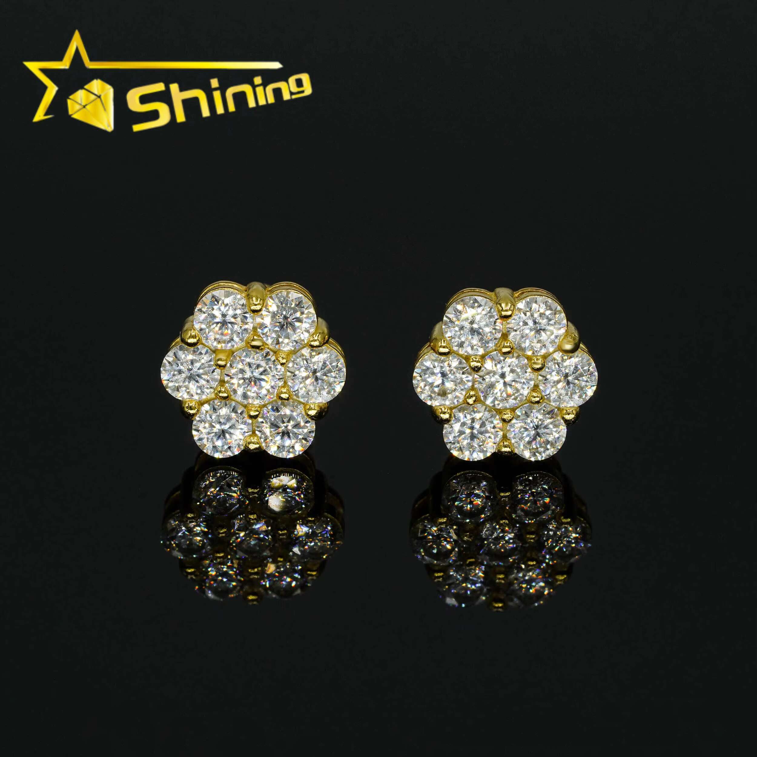 Hot Selling Gold Plated 925 Silver Flower Earrings GRA Certificated Screw Back Moissanite Cluster Ear Stud for Men Women