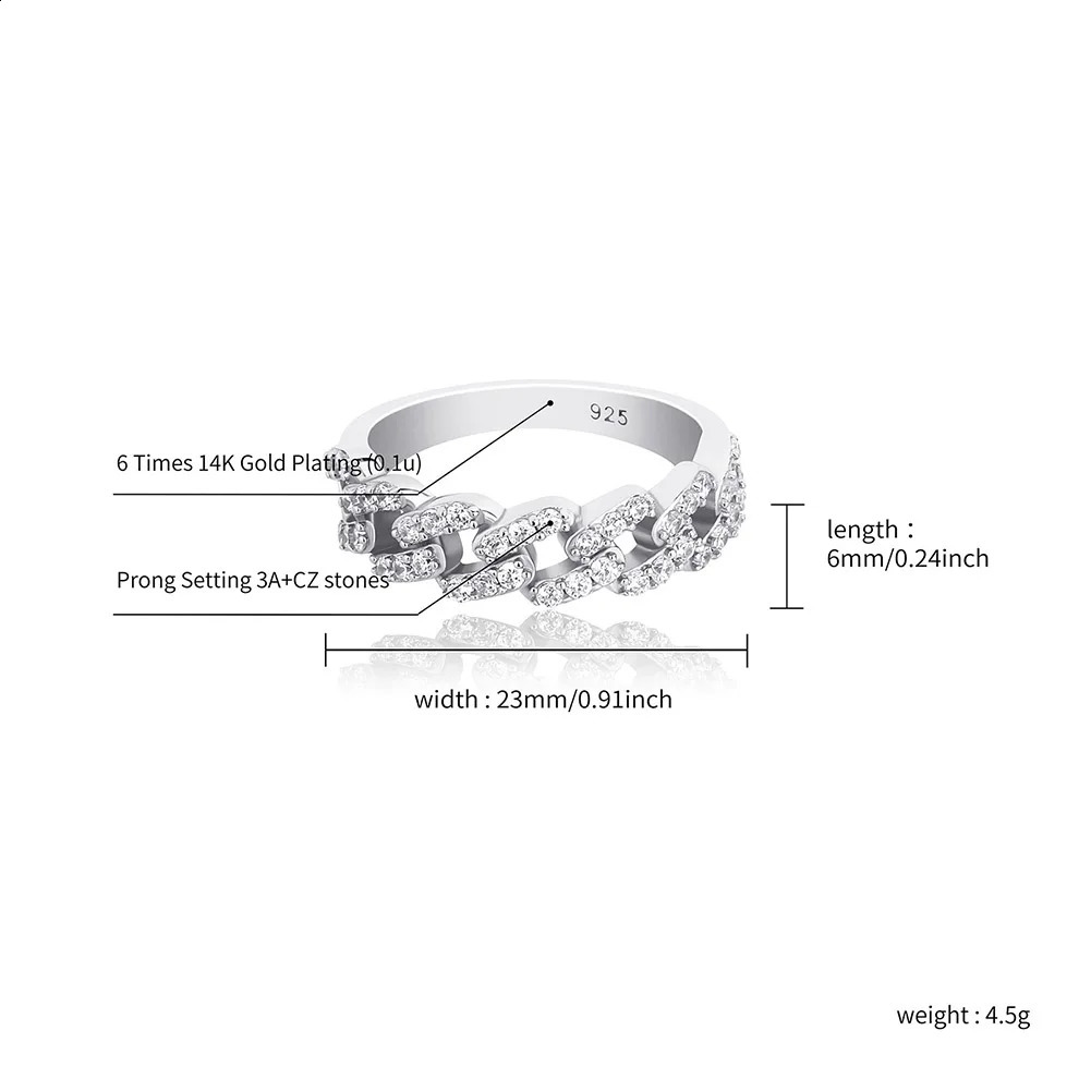 TOPGRILLZ Cuban Link Ring 100% 925 Sterling Silver Ring Iced Out Cubic Zirconia Hip Hop Personalized Jewelry For Gift 250425