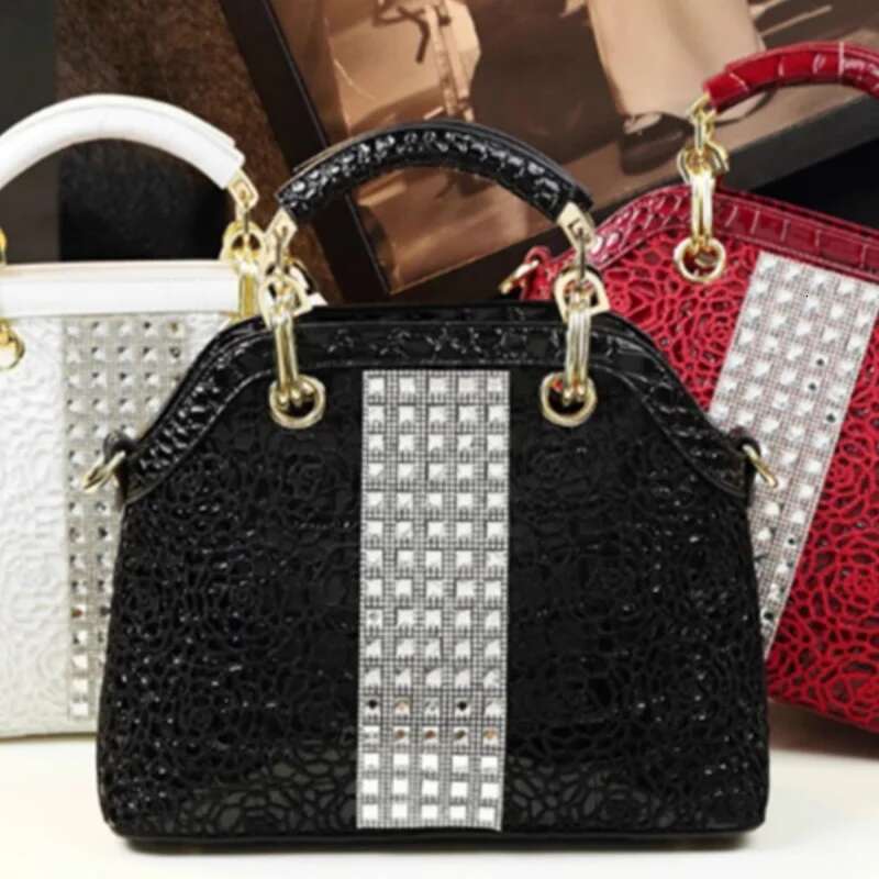 Spring and autumn new lace rhinestone patent leather handbag banquet dress large-capacity one-shoulder cross-body women's bag