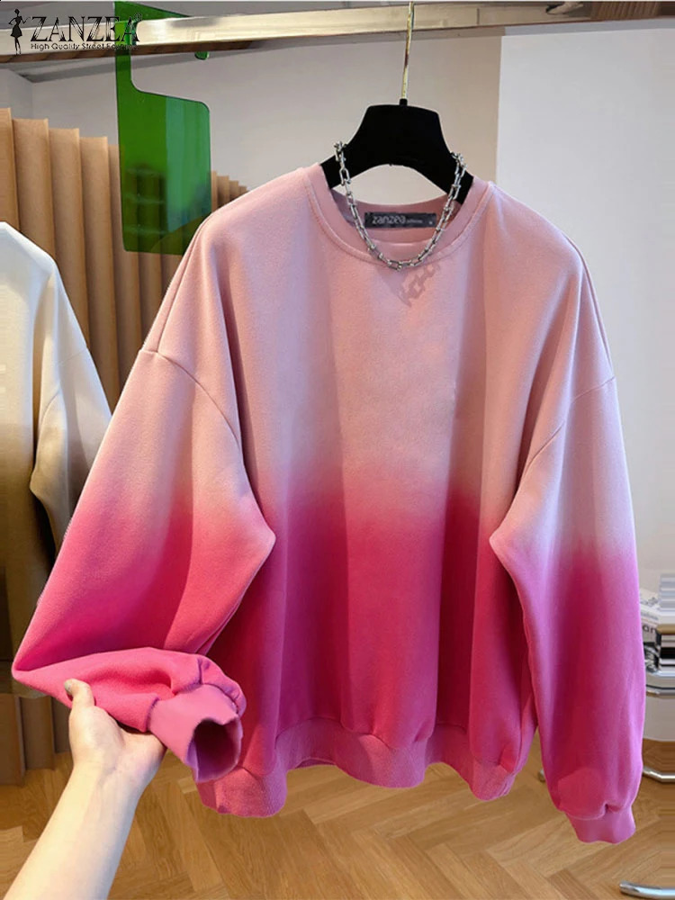 ZANZEA Fashion Communicating Simple Pulleys Womens Color Gradient Sweatshirt Casual Long Sleeve Loose O-Neck Hoodie Autumn 250423