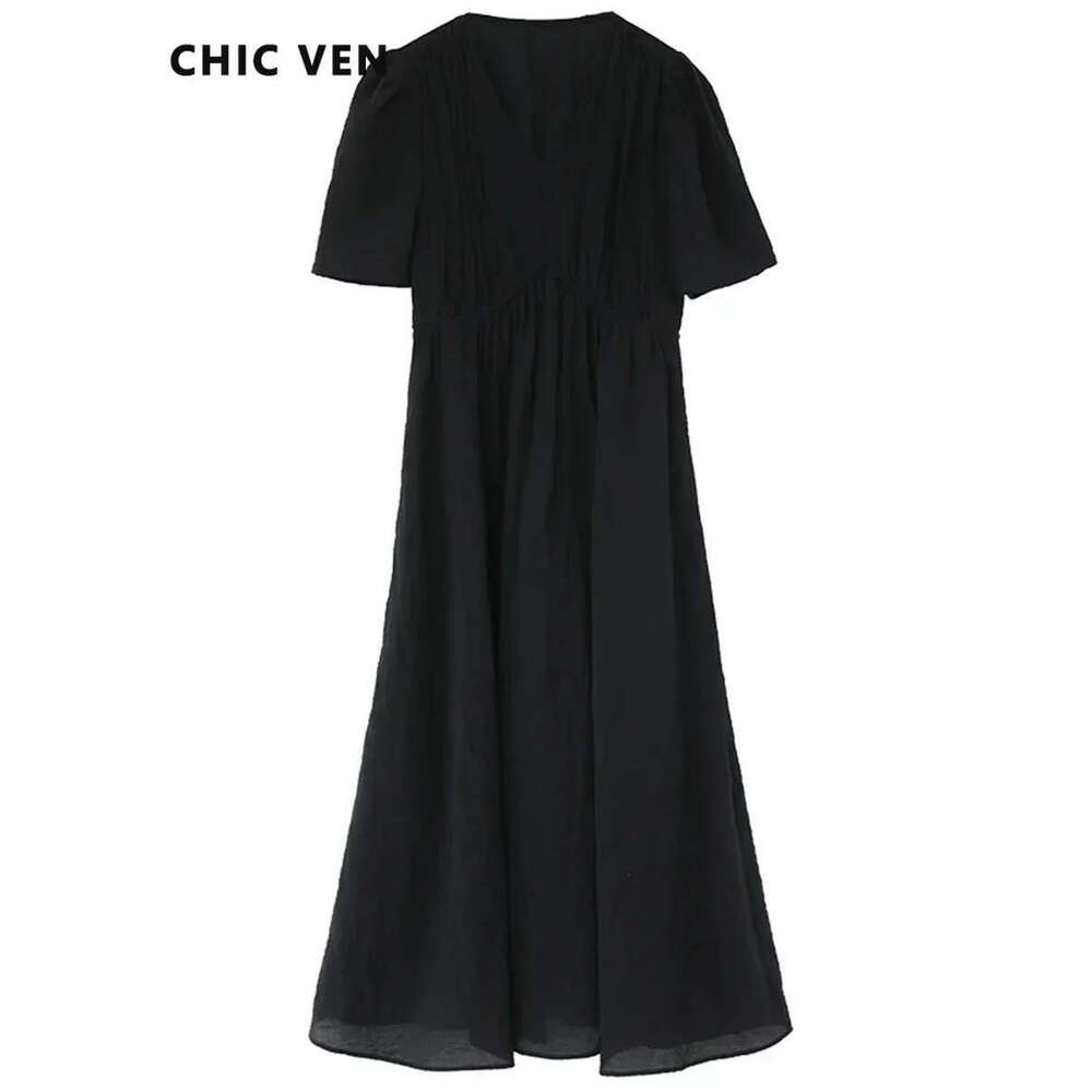 CHIC VEN Women Dresses French Style Vintage V-Neck Puff Sleeve Long Dress Solid Black Loose Female Clothing Summer New 2023