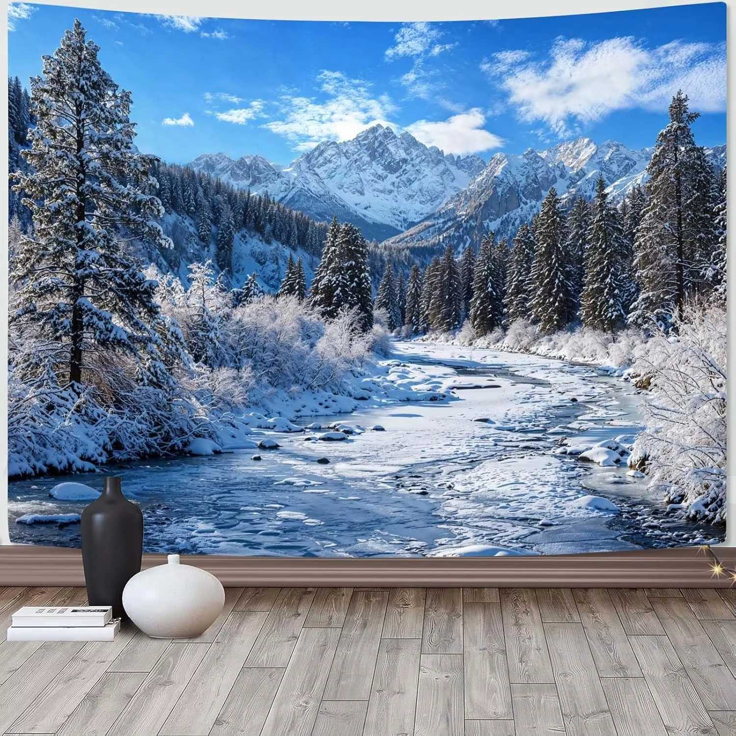 Winter Wonderland Tapestry Snowy Pine Forest Print For Bedroom Wall Decor Flat Print DesignM251125