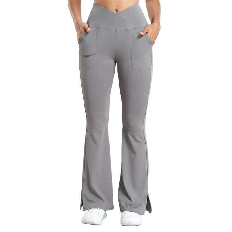 Womens yoga Flare Pants with pockets crossed waist sport waist hip lift workout tight fit split hem activity suitC250425
