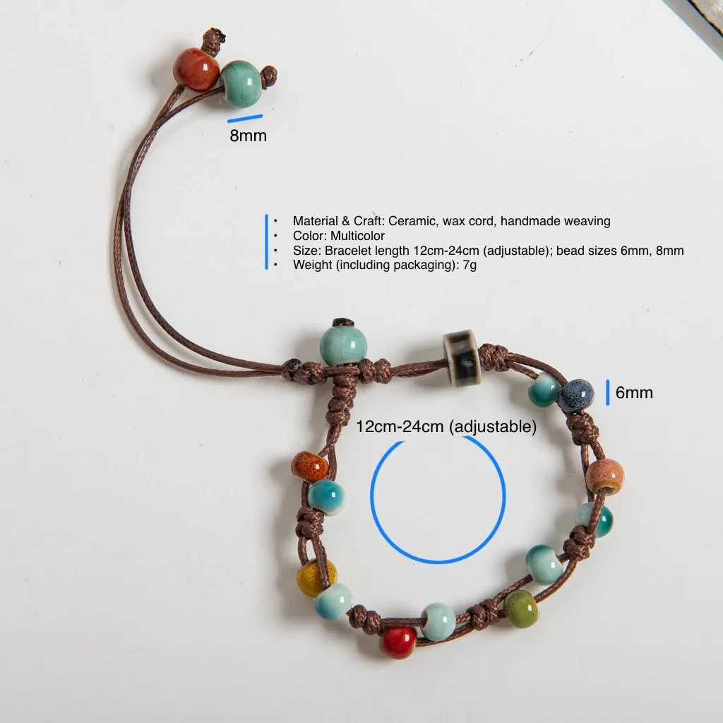 Adjustable Multicolor Handmade Ceramic Bead Bracelet Wax Cord Woven Jewelry Boho Style Unisex Gift for Couples and Friends J251125