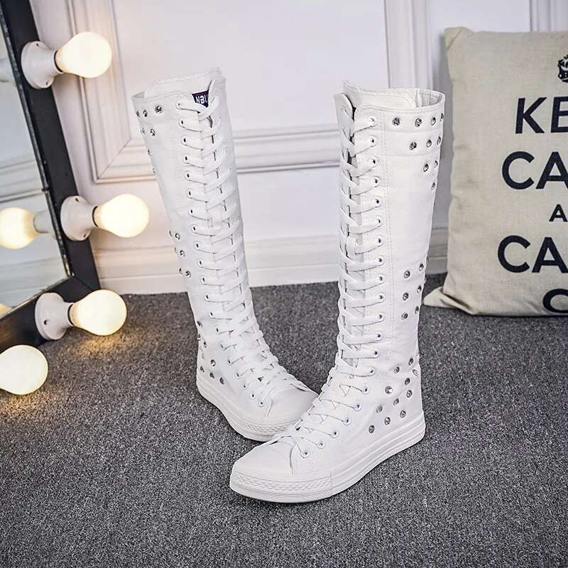 Spring new long rivet breathable hole front lace-up side zipper canvas shoes casual flat inner heightening large size women shoe