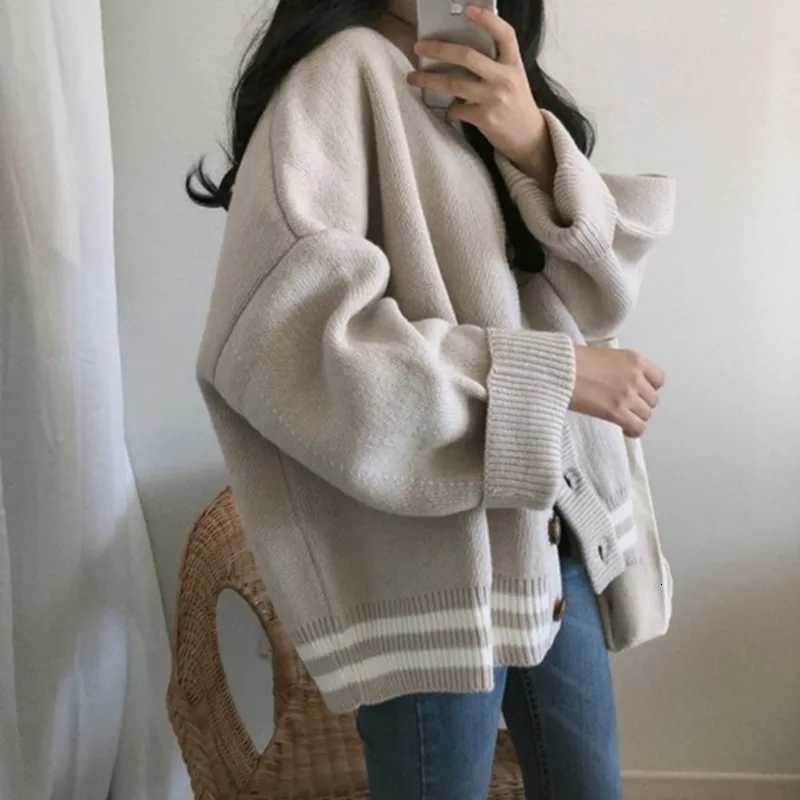 Autumn/winter Korean Loose V-neck Knit Cardigan College Style Long Sleeved Sweater Jacket Casual Button Long CardiganT251125
