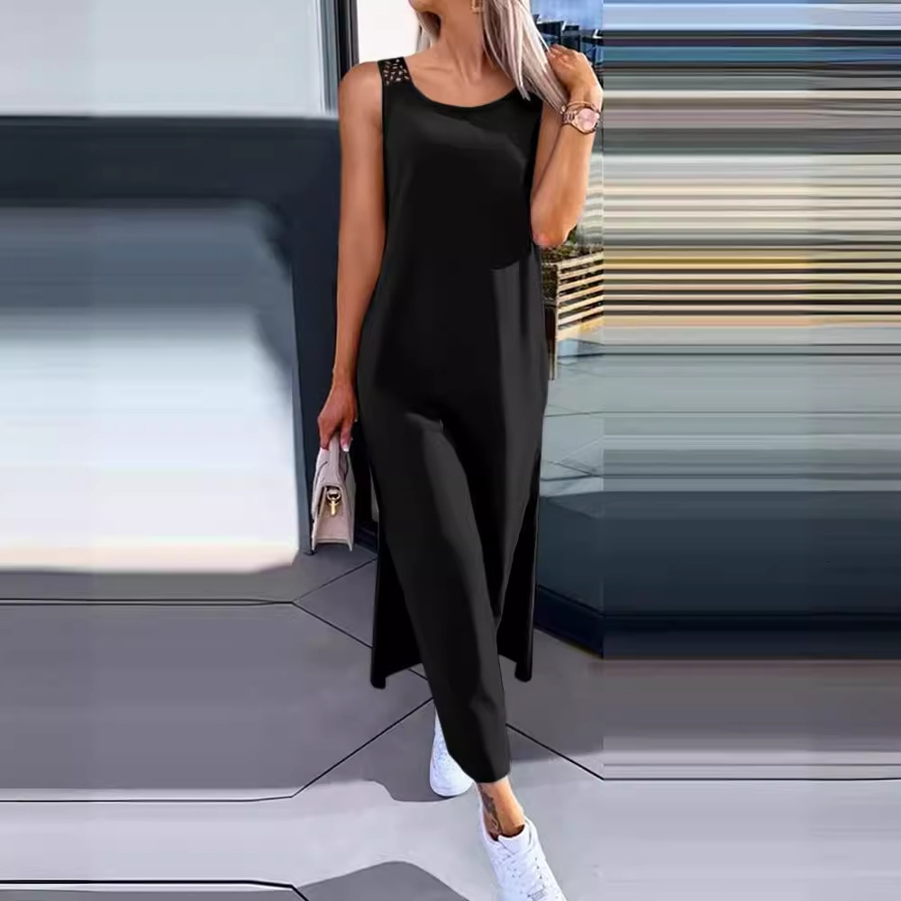 2024 New Summer Simple Solid Color Back Lace Sleeveless Dress for Women
