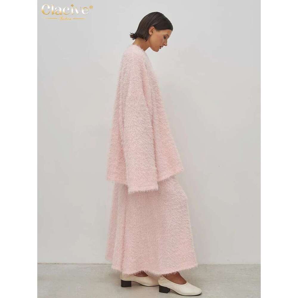 Clacive Casual Loose Pink 2 Piece Sets Women Outfit 2024 Elegant Long Sleeve Shirt With High Waist Ankle Length Skirt Set Female