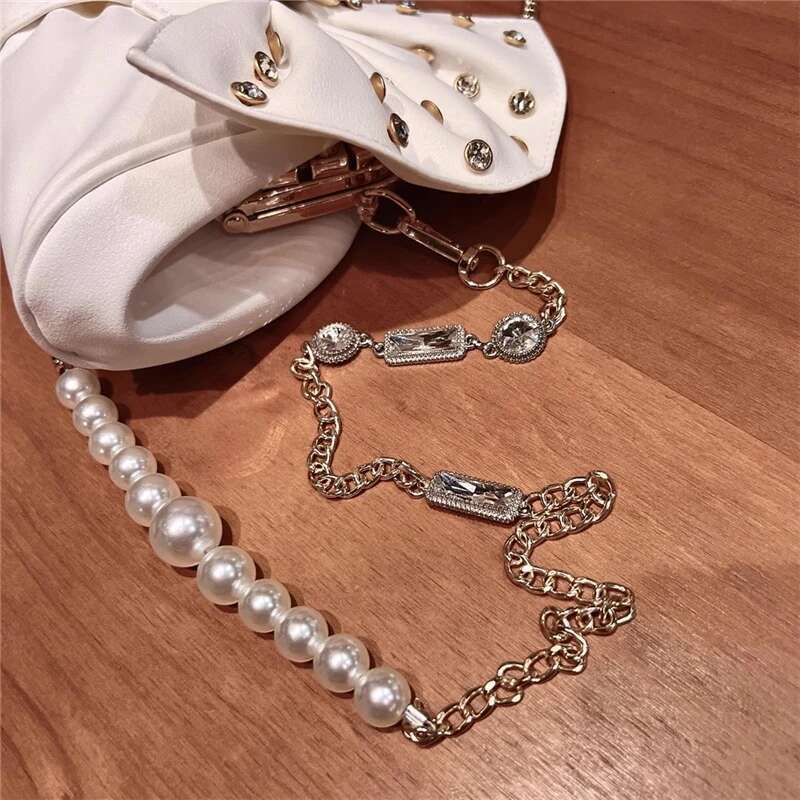Spring and summer new rhinestone rivet wrinkled bow pearl handbag banquet dress one-shoulder cross-body chain women's bag