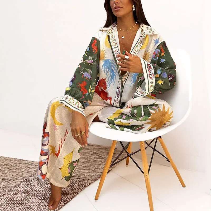 2 Piece Suit Women Set Spring Summer Loose Long Sleeve Printed Blouse Shirt+Wide Leg Elestic Waist Pants