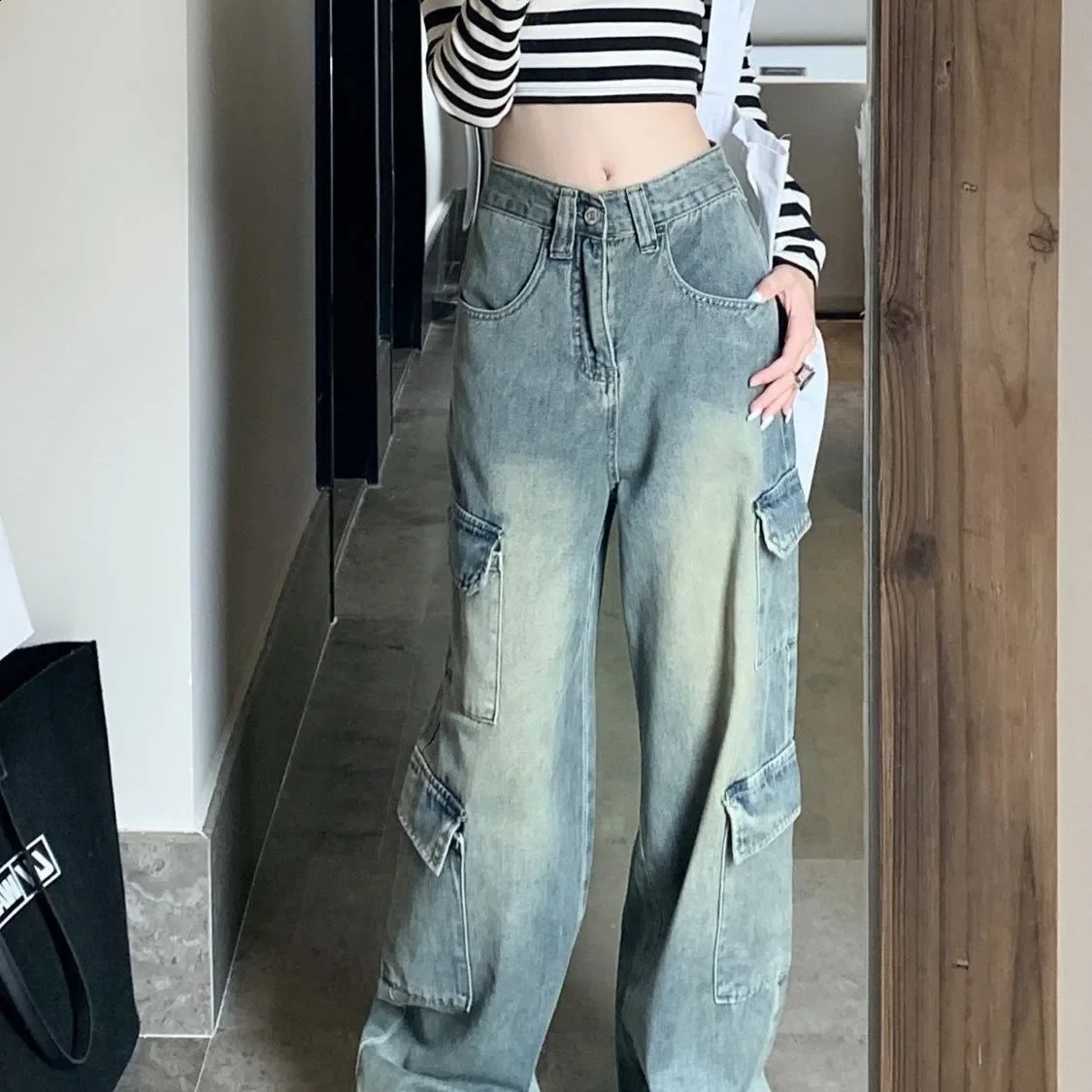 American style retro wide leg denim jeans suitable for womens casual straight pants with a loose feel autumn fashion 250417