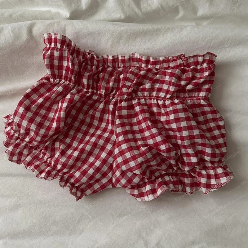 90s retro villa plaid shorts with elastic ultra-thin fit Bloomers pants for women Kawaii casual wear fairy retro Y2K cute knit bottom 250418
