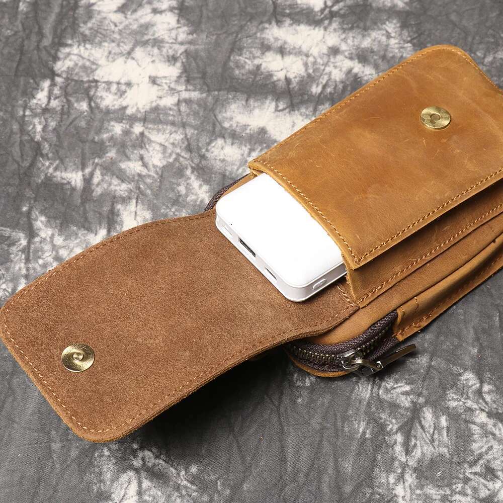 LUOKIR Retro Men's Genuine Crazy Horse Leather Strap, Mobile Phone Bag, Multifunctional Waist Hanging Bag