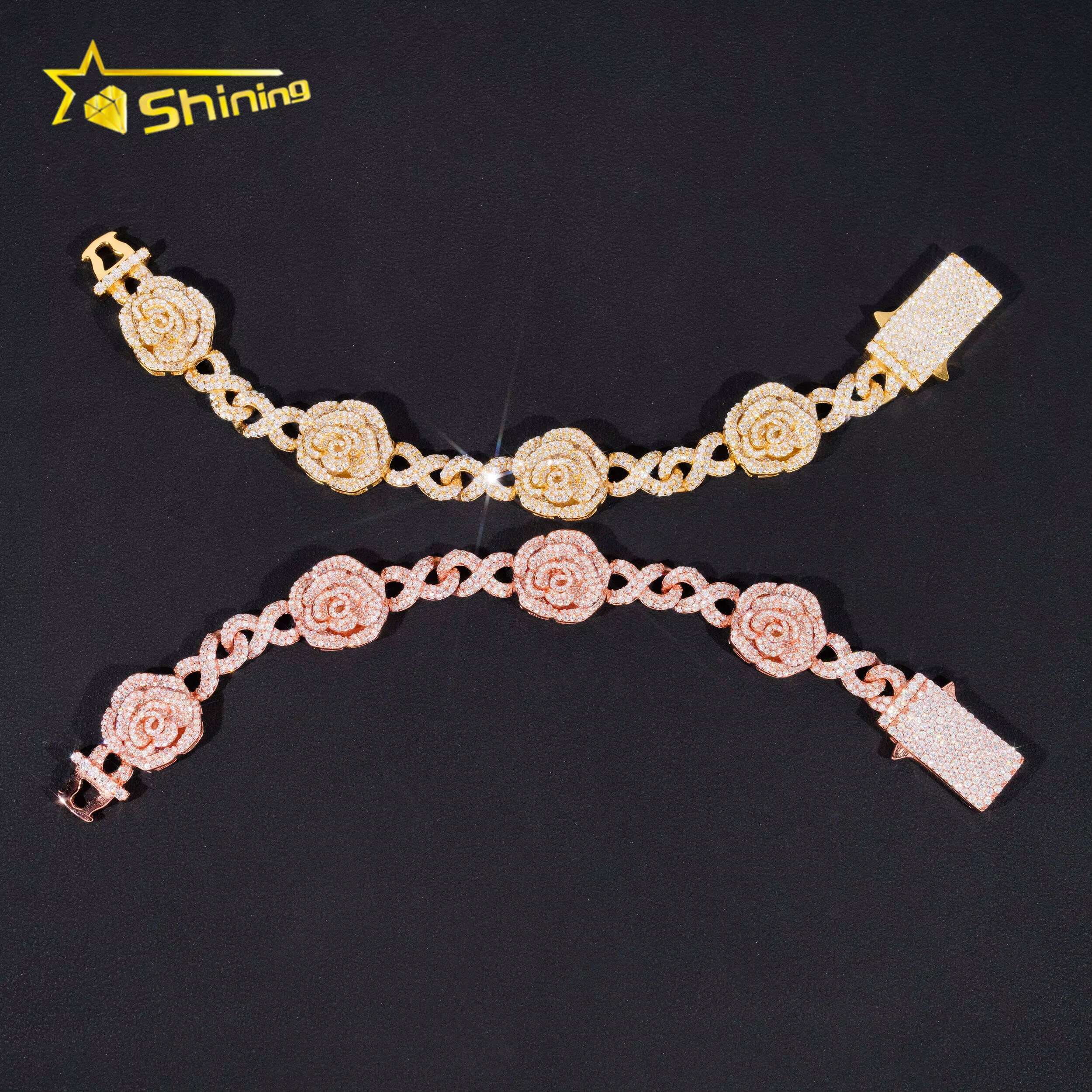 Romantic Rose 3D Gold Plated Iced Out 16mm 925 Sterling Silver Hip Hop Infinity Link Bracelet