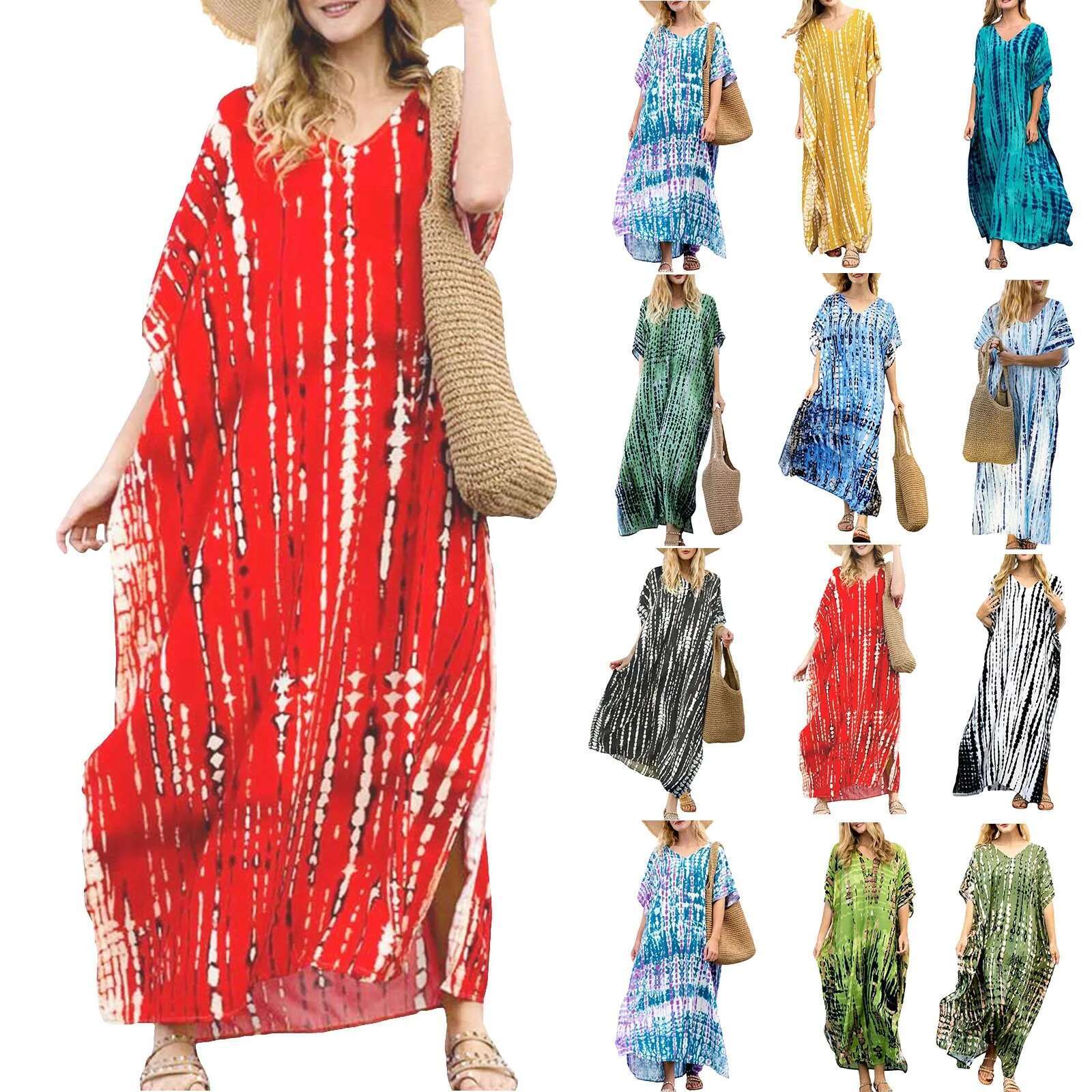 Dongdumaoyi Fitshinling Halo Dyeing Vintage Beach Long Dress Women V Neck Oversize Robe Side Split Loose Kaftan Holiday Boho Maxi Dresses