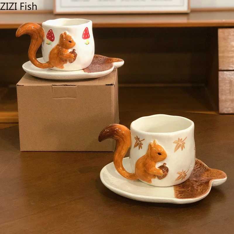 Squirrel Maple Leaf Relief Porcelain Cupsaucer Coffee Mug Dining Table Flower Mugs Afternoon Tea Teacup Fruits Juice Cup Y251125