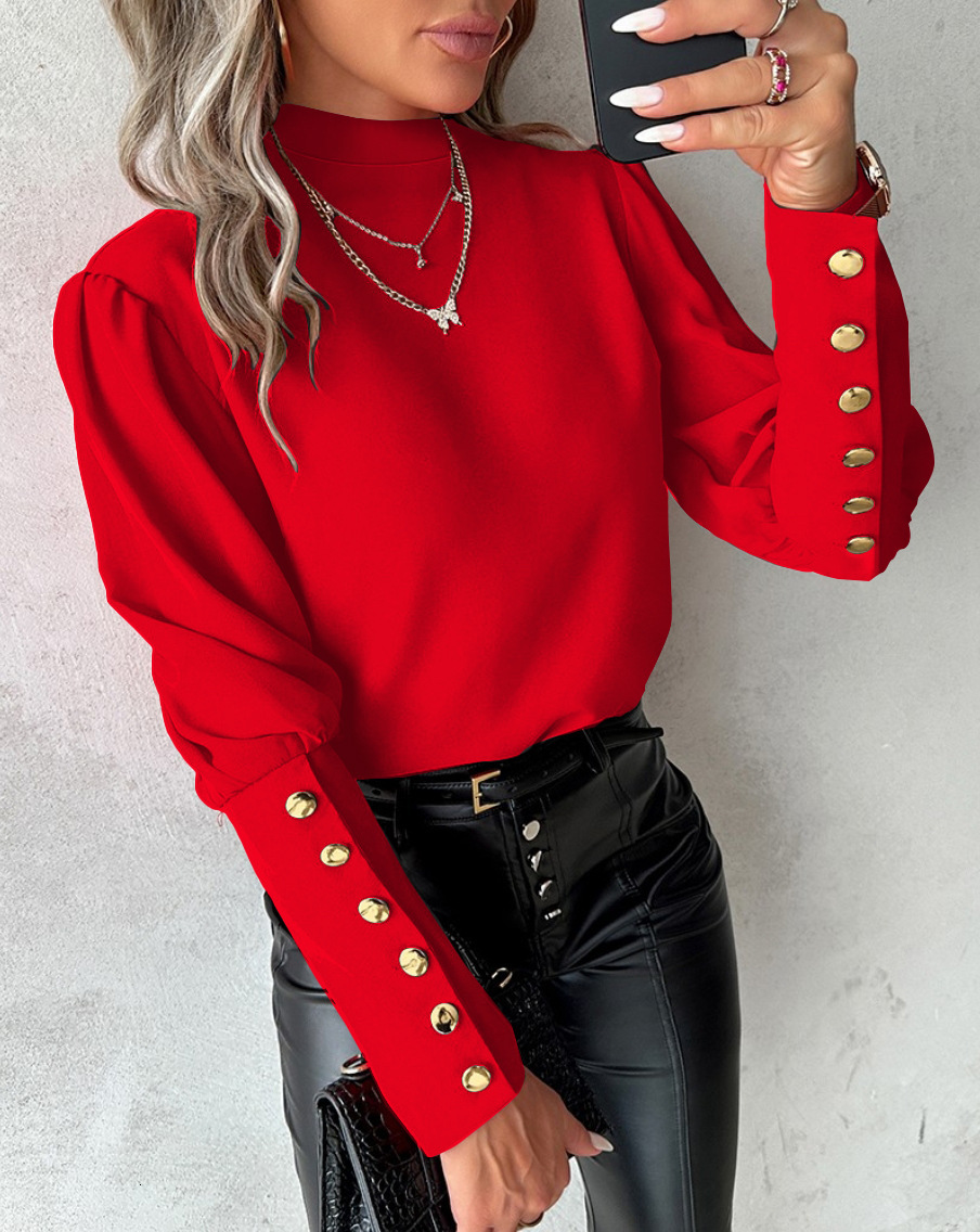 2024 Spring and Autumn Long sleeved Solid color Lace Round neck Button up Shirt for Women