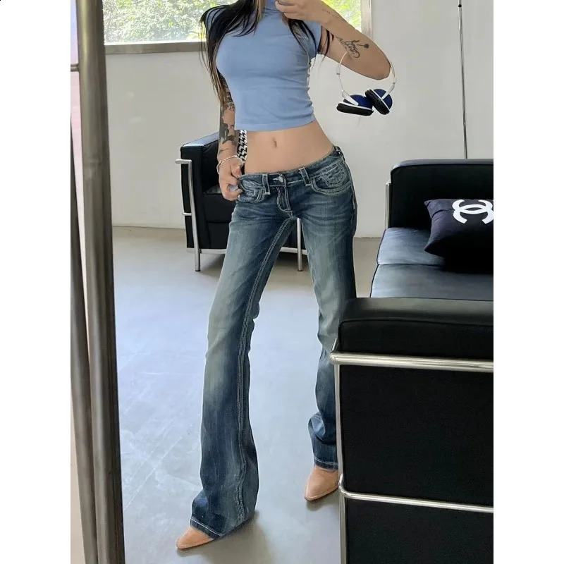 Womens Gyaru Japanese Harajuku Garbage Y2K Jeans Low Rise Shining Denim Pants 2000s Clock Bottom Pants Kpop Retro Ultra Thin Pants 250422