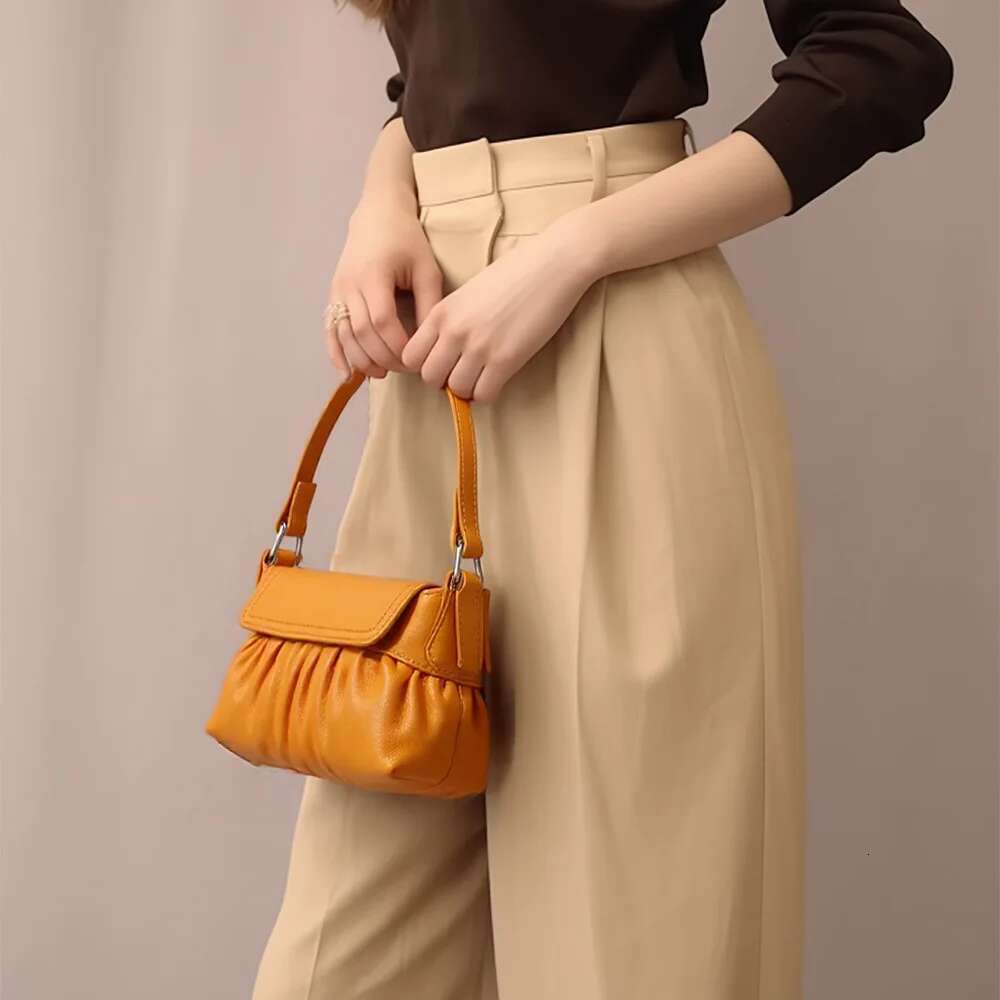 Designer bag New Arrival Mustard Yellow Top Handle Pleated Leather Small Handbag Women Fashion Shoulder Bag Luxury Elegant Clutch Purse