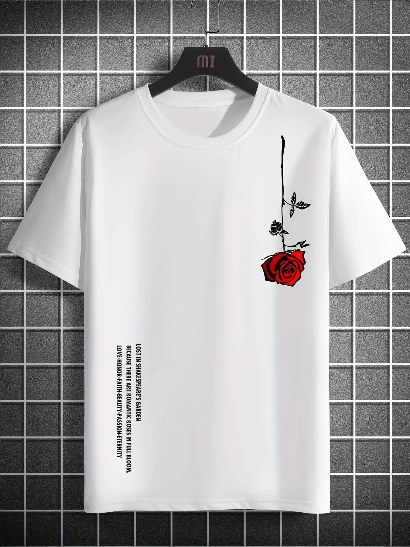 Mens summer loose fit 100% pure cotton rose print casual slim fit round neck short sleeved T-shirt top W250425