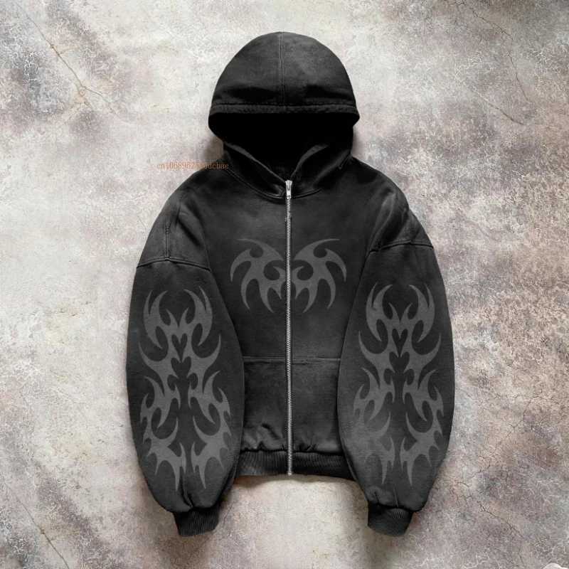 Black printed hoodie mens personalized pattern design Y2k casual cotton sportswear American street style couple jacket w250425