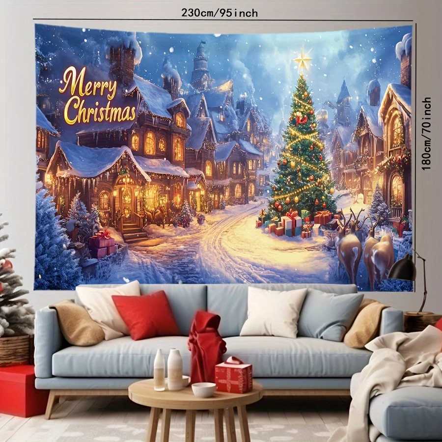2D Flat 1pc Christmas Winter Snow Village Tapestry Wall Hanging - Polyester Fabric No Electricity Needed with Merry Christmas LM251125
