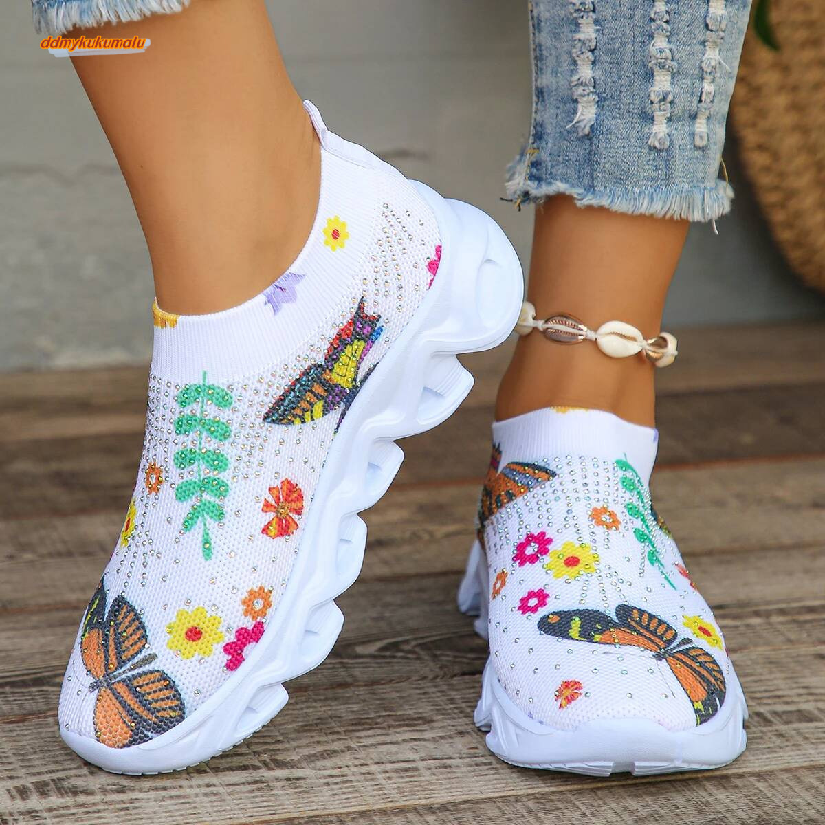 Crystal Floral Women's Knitted Sneakers Summer 2024 New Breathable Air Mesh Casual Shoes Woman Light Weight Walking Sports Flats ddmykukumalu