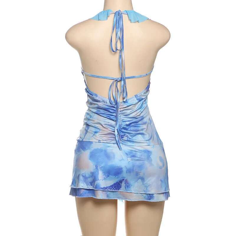 Dongdumaoyi Townlike Mesh Patchwork Print Slim Bodycon Dress Women Halter Mini Spring Summer Ruffles Nightclub Sexy Party Dresses