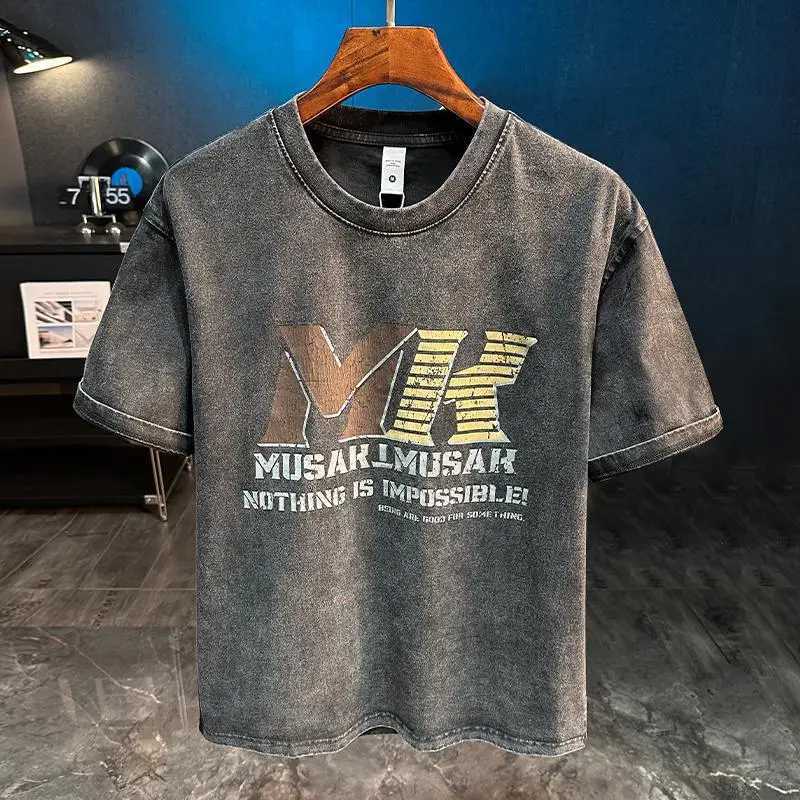 Retro style washed printed short sleeved T-shirt suitable for summer men heavy-duty loose casual half sleeved round neck top W250425