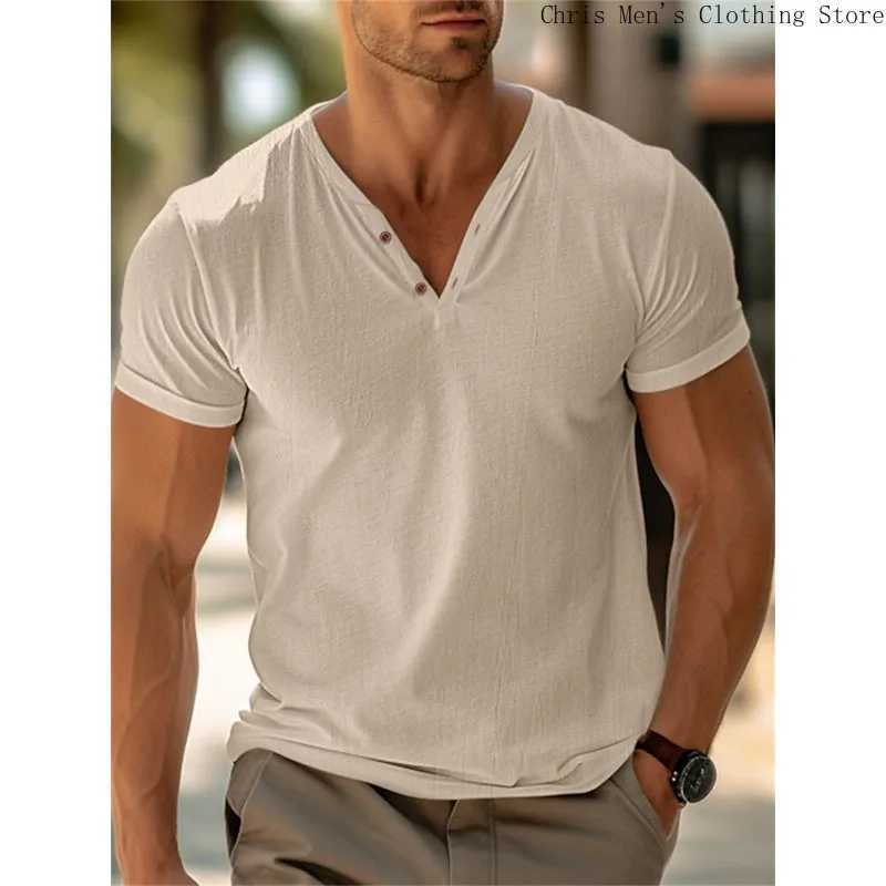 Beach holiday casual mens Pullover T-shirt top summer fashion simple solid color mens V-neck T-shirt soft fitness sports top W250425