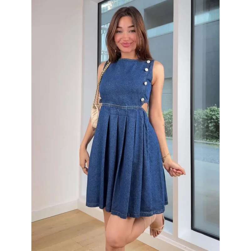 Dongdumaoyi Summer New Style Sense Niche Pleated Round Neck High Waist Denim Temperament Medium Short Dress C