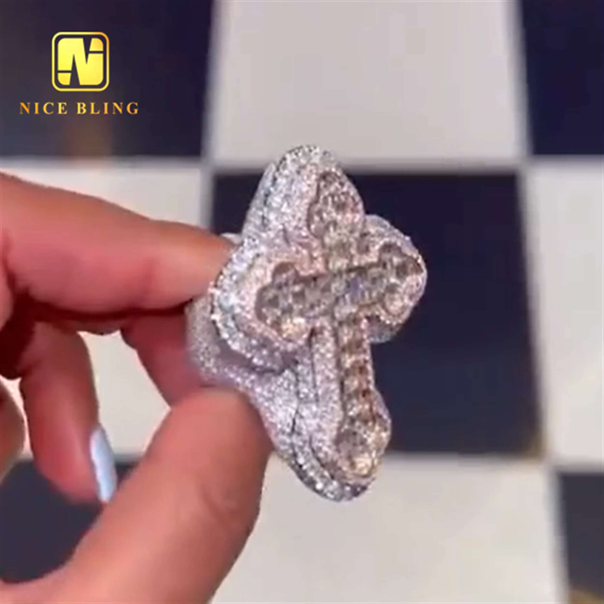 Pass Diamond Tester Custom Ring 925 Sterling Silver Hip Hop Moissanite Jewelry Round Cut Diamond Cross Rings Women Men