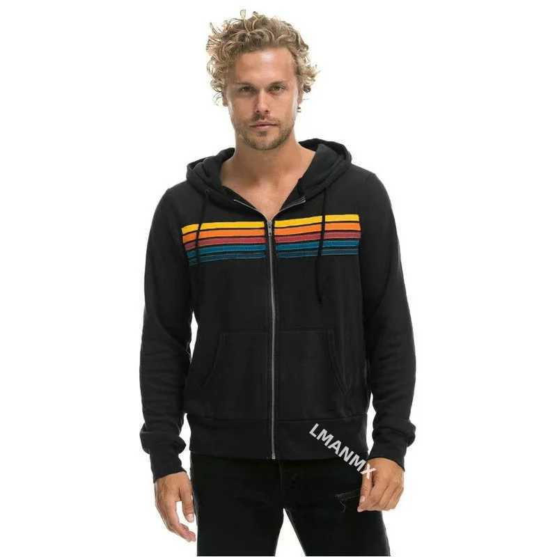 Mens hooded jacket new casual rainbow hooded sweatshirt fashionable zipper striped cardigan womens hooded sweatshirt M250425