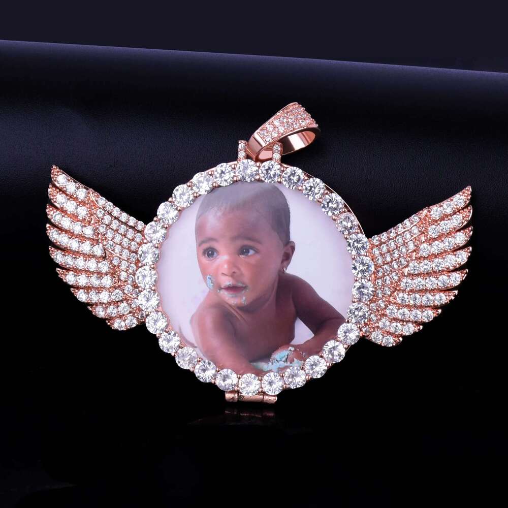 Bubble Letter Custom Photo Necklace for Men Picture Projection Pendant Angel Wing Medallion Real Gold Plated Hip Hop Jewelry