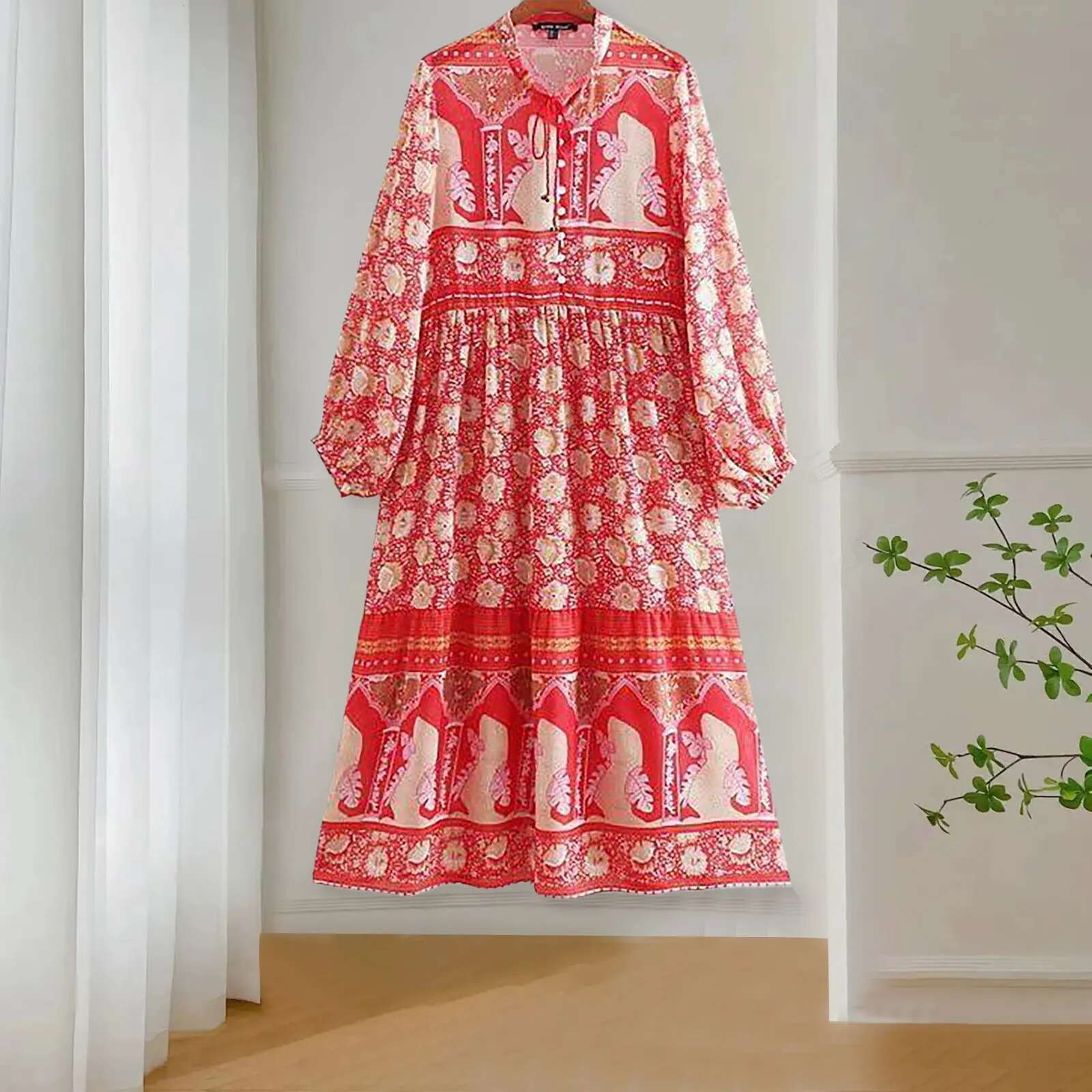 Dongdumaoyi Vintage Chic Fashion Boho Maxi Dresses Women Floral Print V Neck Rayon Cotton Bohemian Ladies Neck Tassel Summer Beach Dress