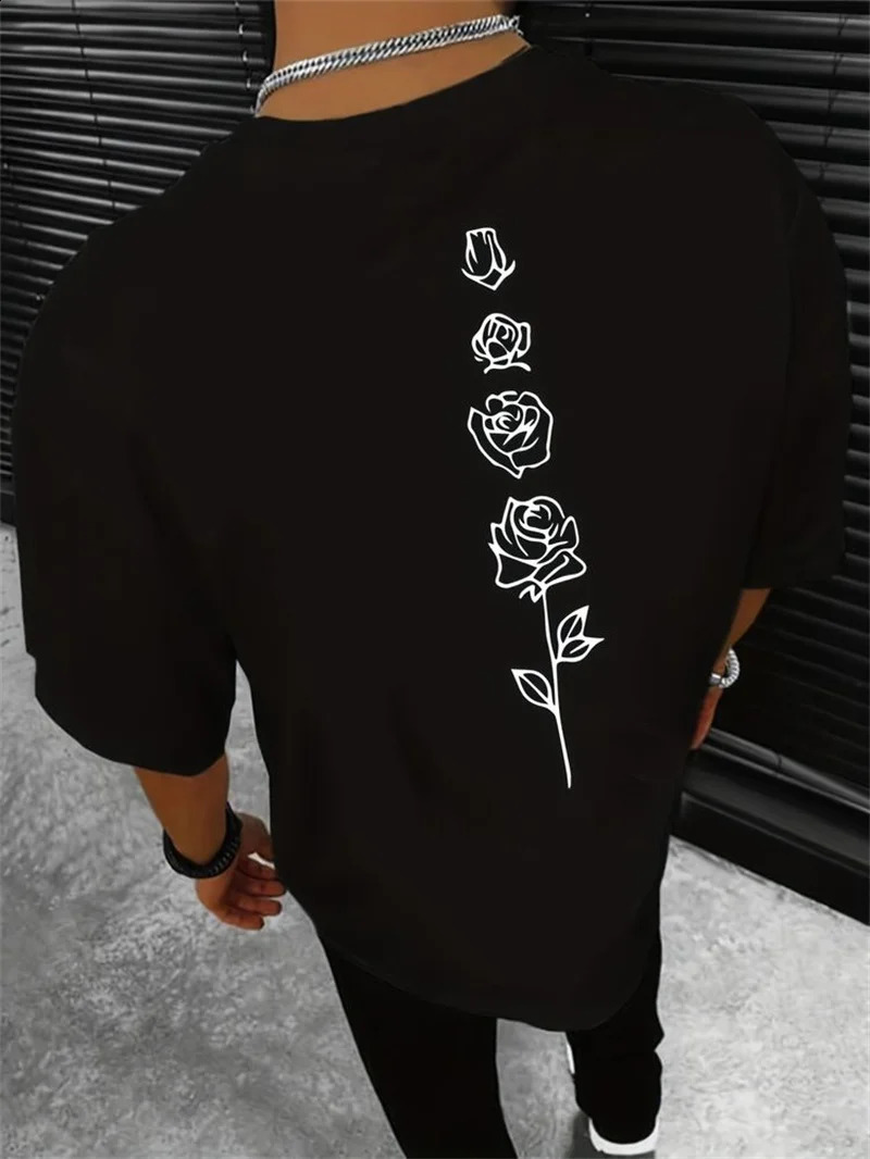 Mens Summer Loose Set 100 Cotton Rose Pattern Printed T-shirt Top 250423